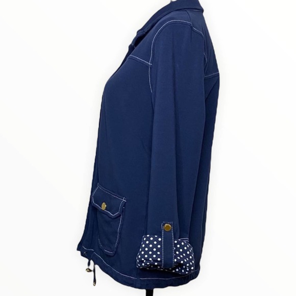 Jones New York Blue Cotton Jersey Jacket Nautical Snap Polka Dot Accent Utility - Picture 2 of 9